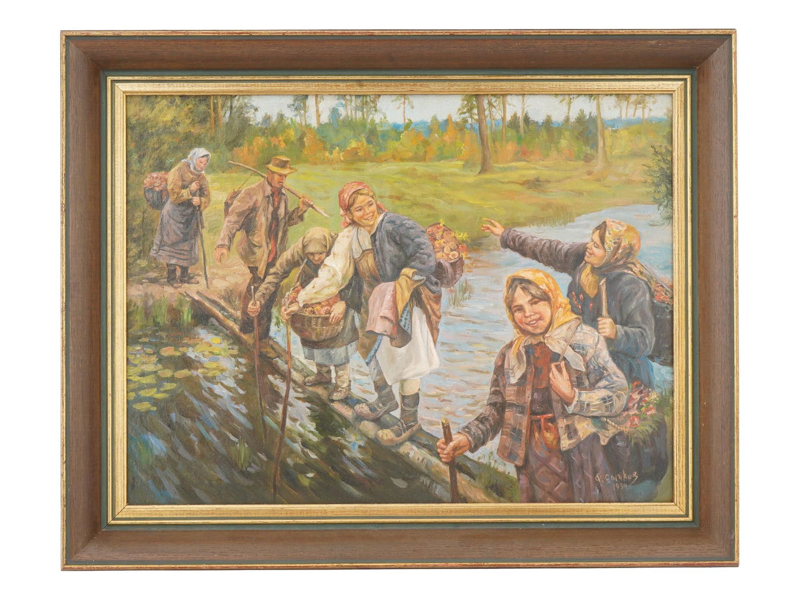 RUSSIAN OIL GENRE PAINTING BY FEDOT SYCHKOV 1934: An oil on canvas genre painting by Fedot Vasilevich Sychkov, 1870 to 1958, a Russian and Soviet artist and painter, Honored Artist of the RSFSR. The painting depicts a forest landscape with a group of