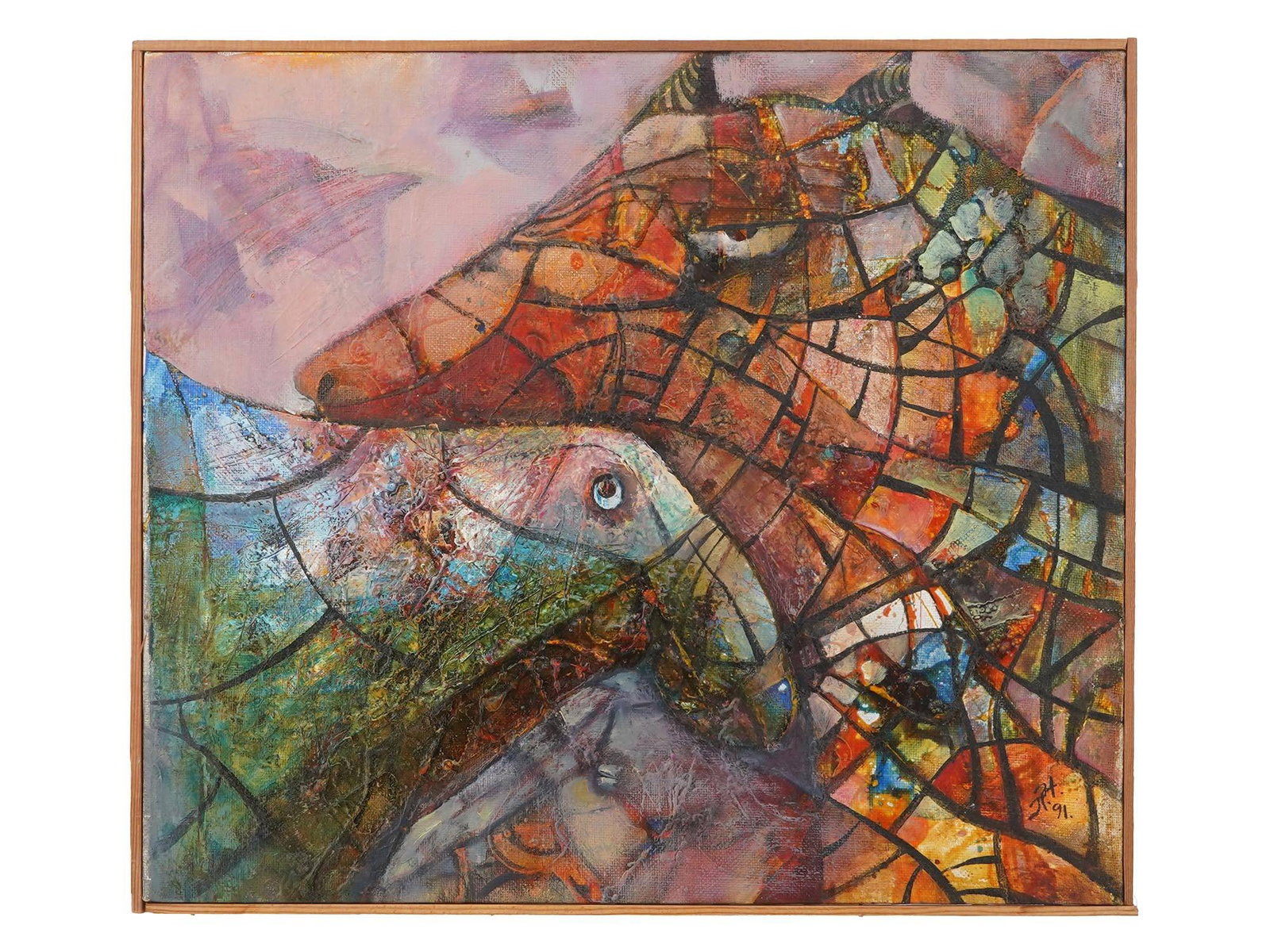 PAVEL NIKOLAYEV RUSSIAN PAINTING THE BIG ANIMALS 1991: Pavel Nikolayev, Russian, born 1958, an oil painting on canvas depicting an abstract composition, titled The Big Animals. Signed lower right and dated 1991, additionally inscribed on verso. Pavel Niko