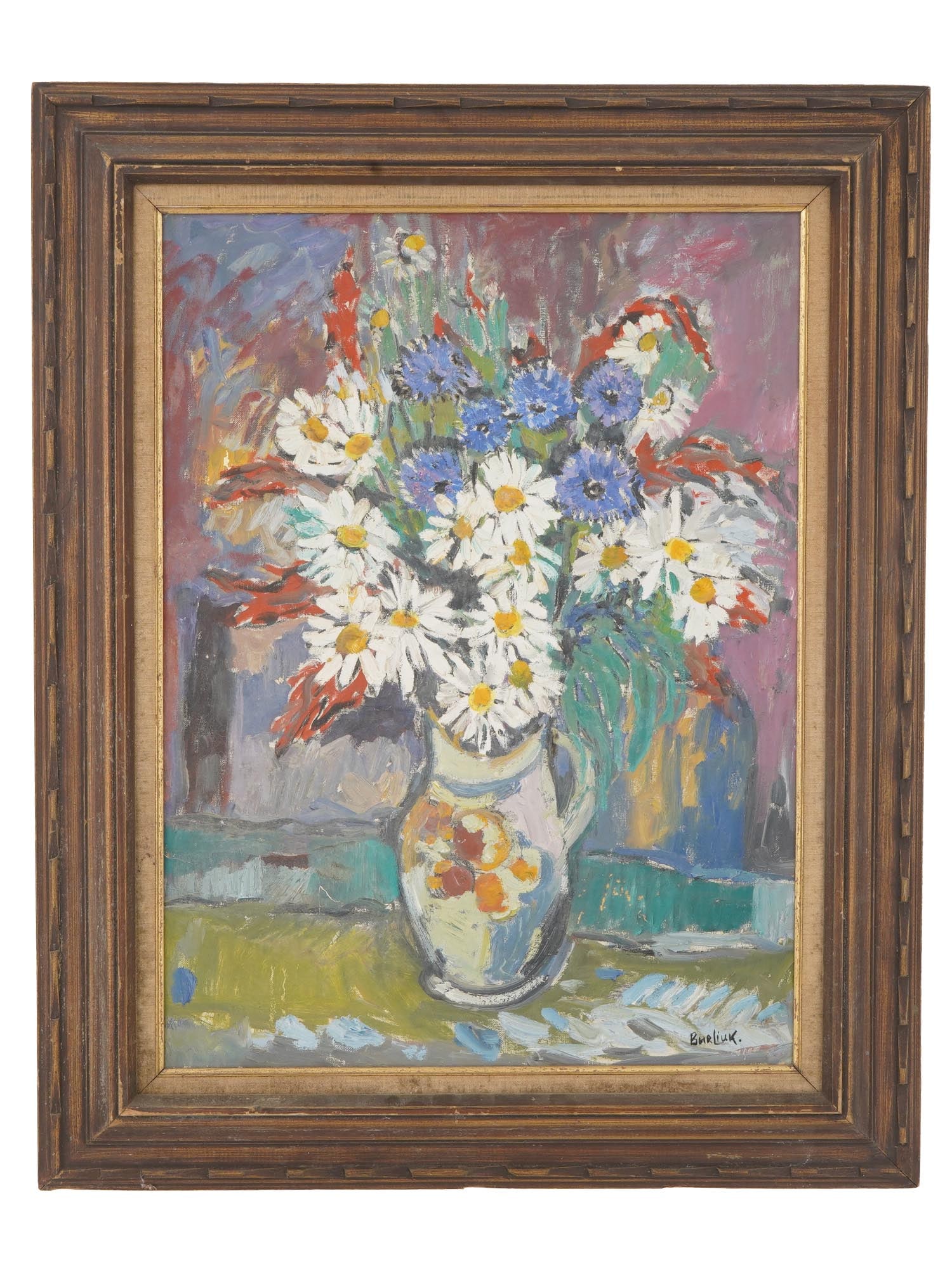 ATTR TO DAVID BURLIUK RUSSIAN STILL LIFE PAINTING: Attributed to David Burliuk, Russian, 1882 to 1967, an oil on canvas painting. Depicts a still life composition with flowers. Signed lower right. Framed. David Davidovich Burliuk was a poet, artist an