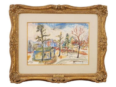 ATTR TO DAVID BURLIUK LANDSCAPE WATERCOLOR PAINTING