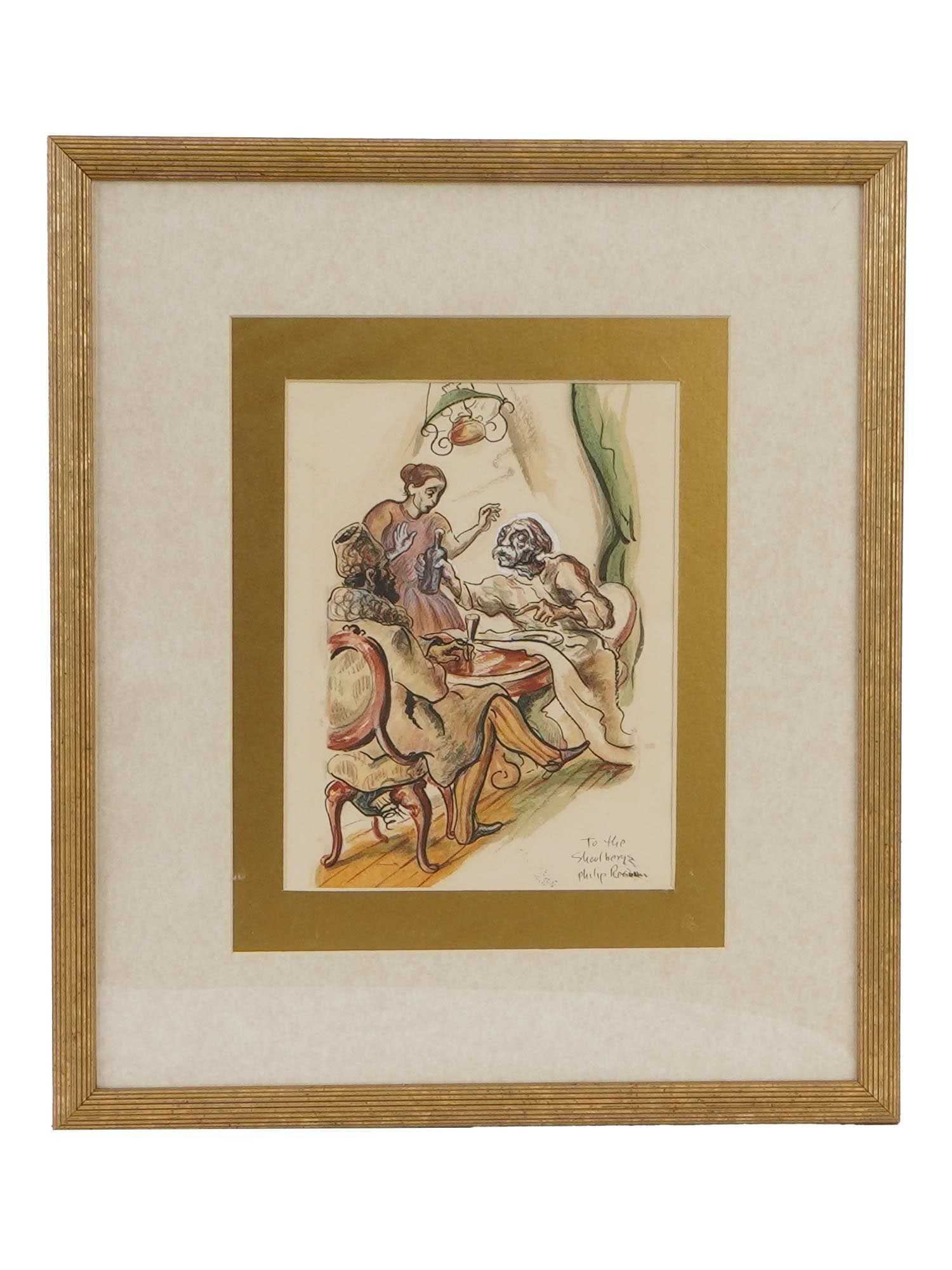 WATERCOLOR MIXED MEDIA PAINTING SIGNED PHILIP REISMAN: A watercolor mixed media painting on paper signed Philip Reisman, Polish, American, 1904 to 1992. Depicting a caricature of two men drinking. Signed lower right. Matted and framed. Philip Reisman was