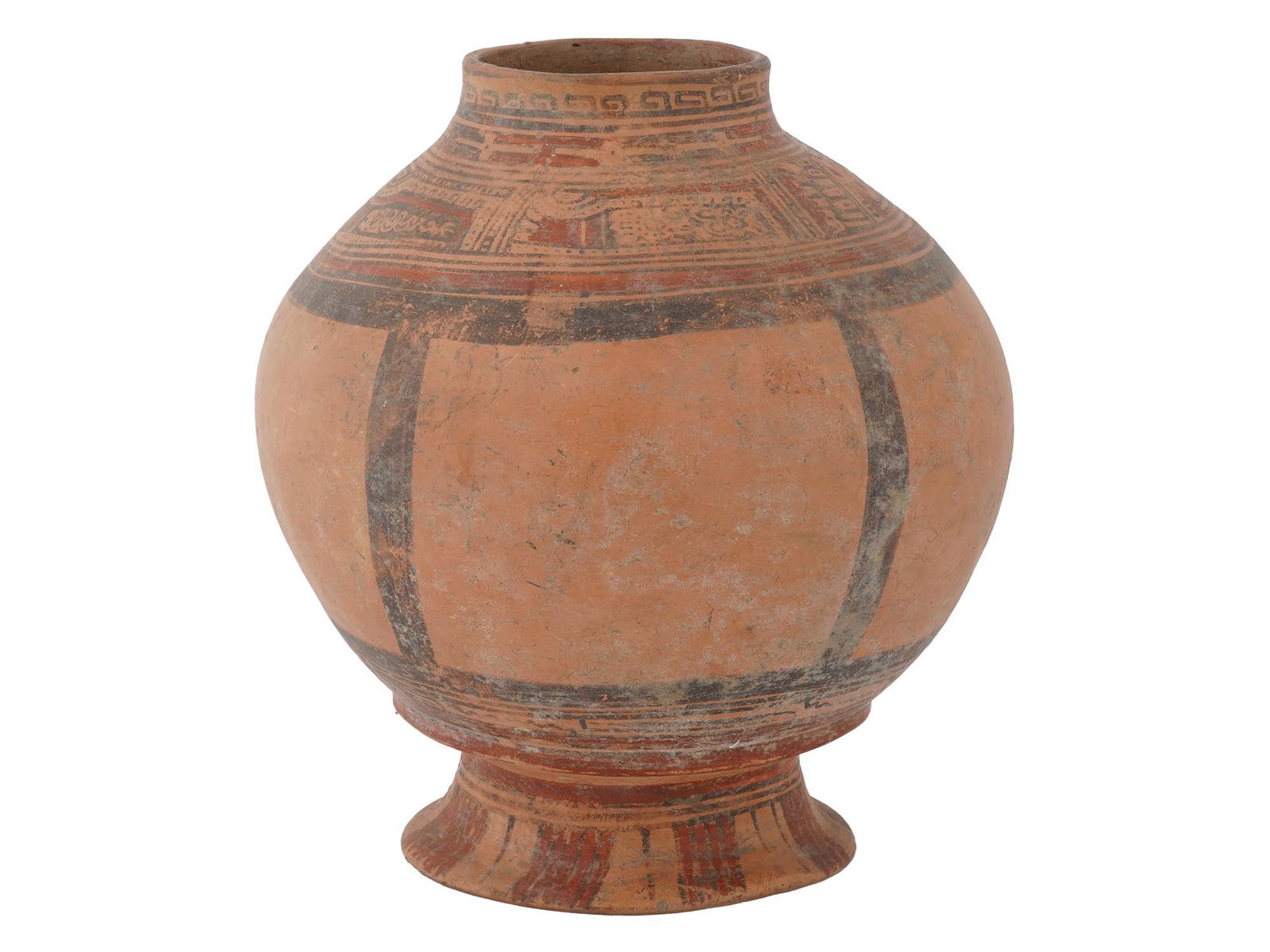 ANCIENT PRE COLUMBIAN HAND PAINTED TERRACOTTA URN: An ancient Pre-Columbian terracotta urn of bulbous form, decorated with hand-painted ornamentation on the top and base. An artifact reflects the artistic and cultural traditions of early indigenous ci