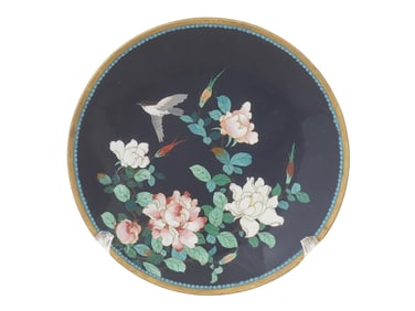 VINTAGE CHINESE CLOISONNE PEONY BIRD PLATE CHARGER