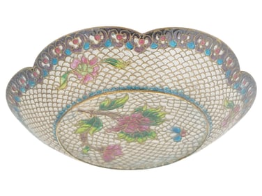 ANTIQUE CHINESE PLIQUE A JOUR ENAMEL SAUCER FLORAL DECOR