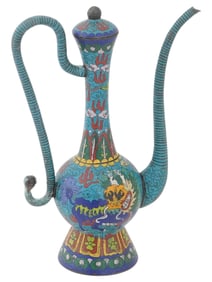 CHINESE CLOISONNE ENAMEL EWER WITH CURVED HANDLE