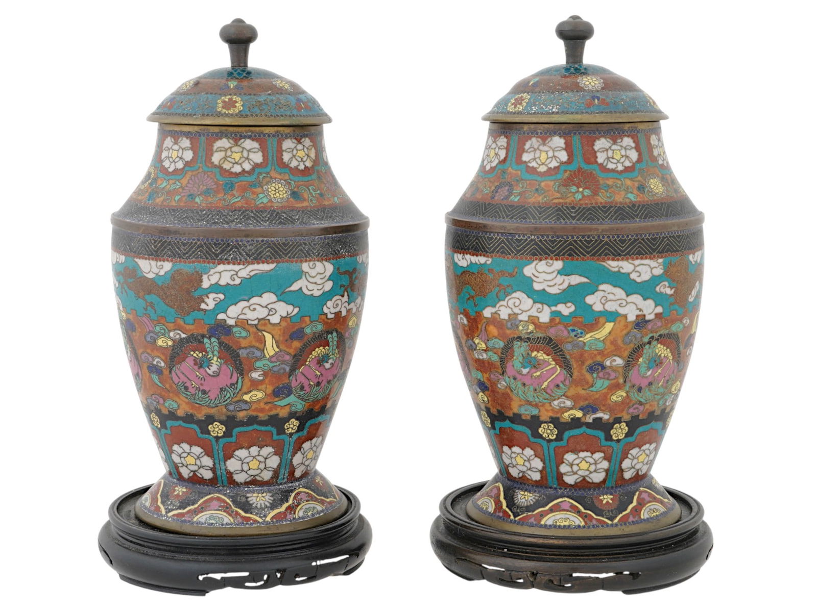ANTIQUE CHINESE BRONZE CLOISONNE ENAMEL COVERED URNS (1 of 9)