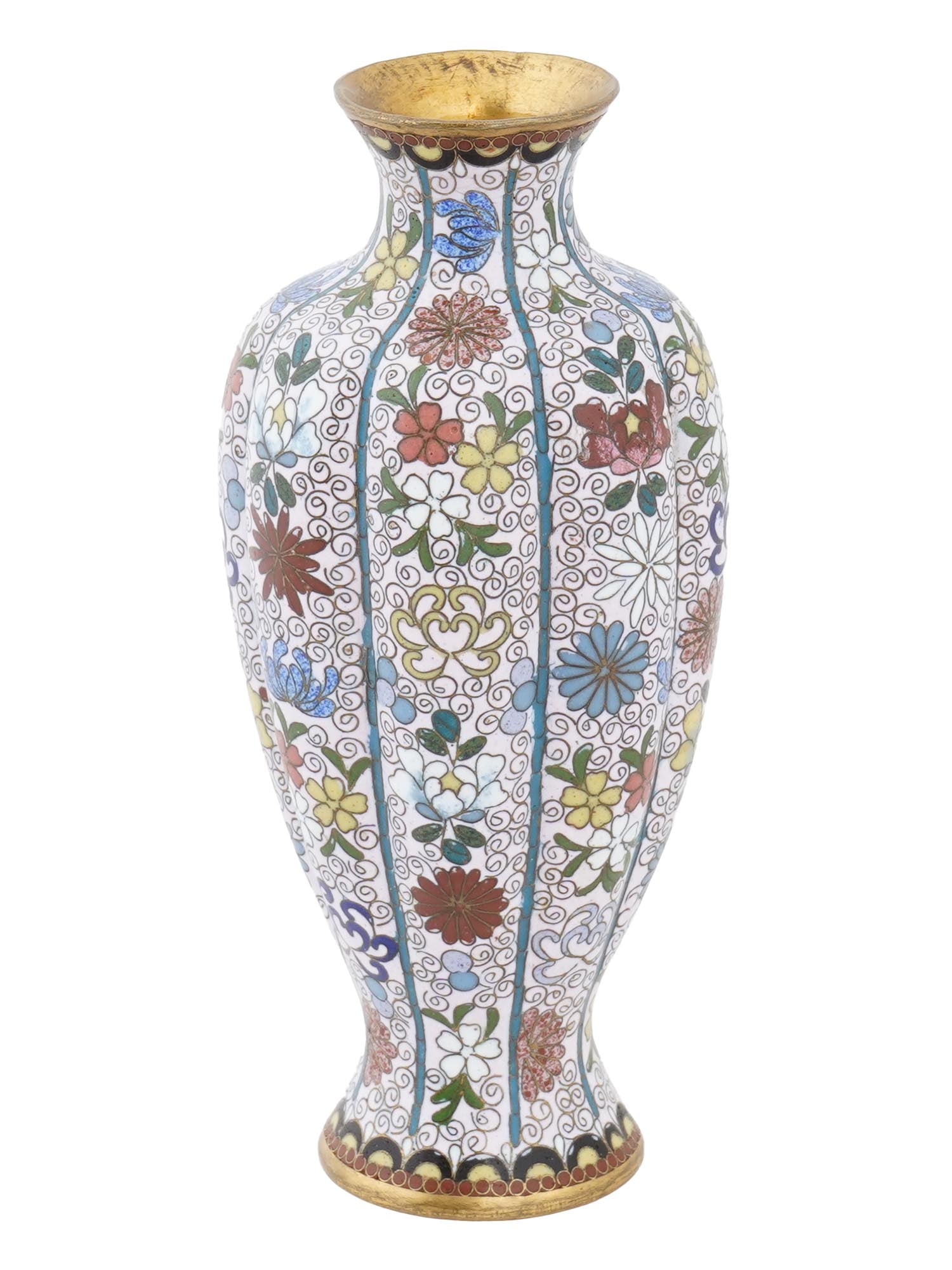 CHINESE LOBBED DESIGN FLORAL CLOISONNE ENAMEL VASE: A Chinese enamel vase. The vase has a lobbed shape with a fluted mouth and a base. The exterior of the ware is adorned with polychrome enamel floral, foliage, swirl and foliate scroll ornaments on the