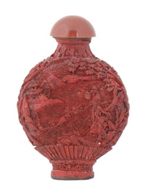 CHINESE REPUBLIC CARVED RED CINNABAR SNUFF BOTTLE