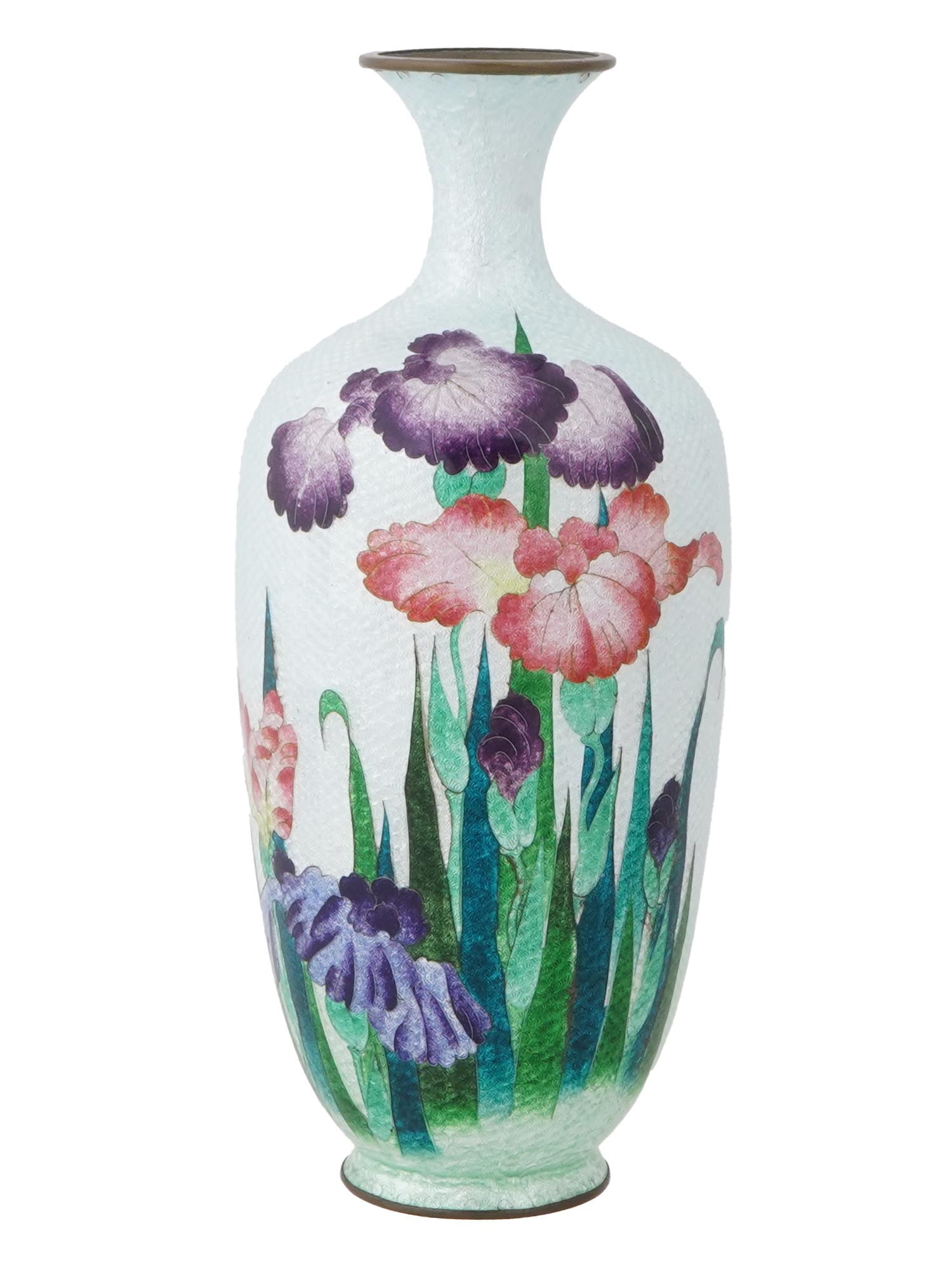 VINTAGE JAPANESE MEIJI GINBARI CLOISONNE ENAMEL VASE: A vintage Japanese Meiji period Ginbari cloisonne enamel vase, featuring a textured foil ground with a brilliant blue background adorned with pink and purple flowers in the central area. The vase is f