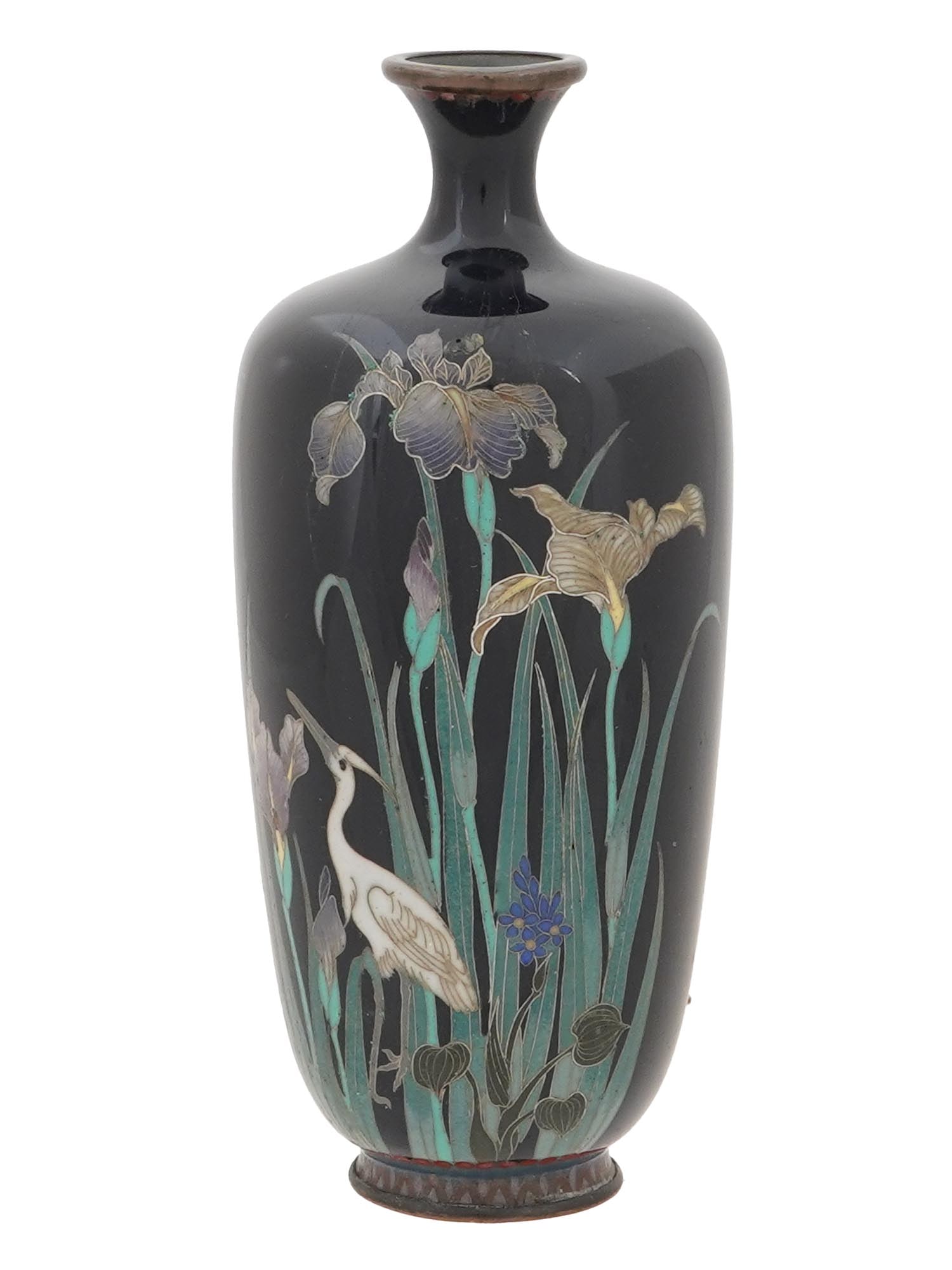 ANTIQUE JAPANESE MEIJI CLOISONNE VASE SIGNED OTA: An antique Japanese vase, Meiji period, 1868 to 1912. The baluster body is finely worked in silver wire and adorned with a detailed design of irises and a crane made in the cloisonne technique on a mi