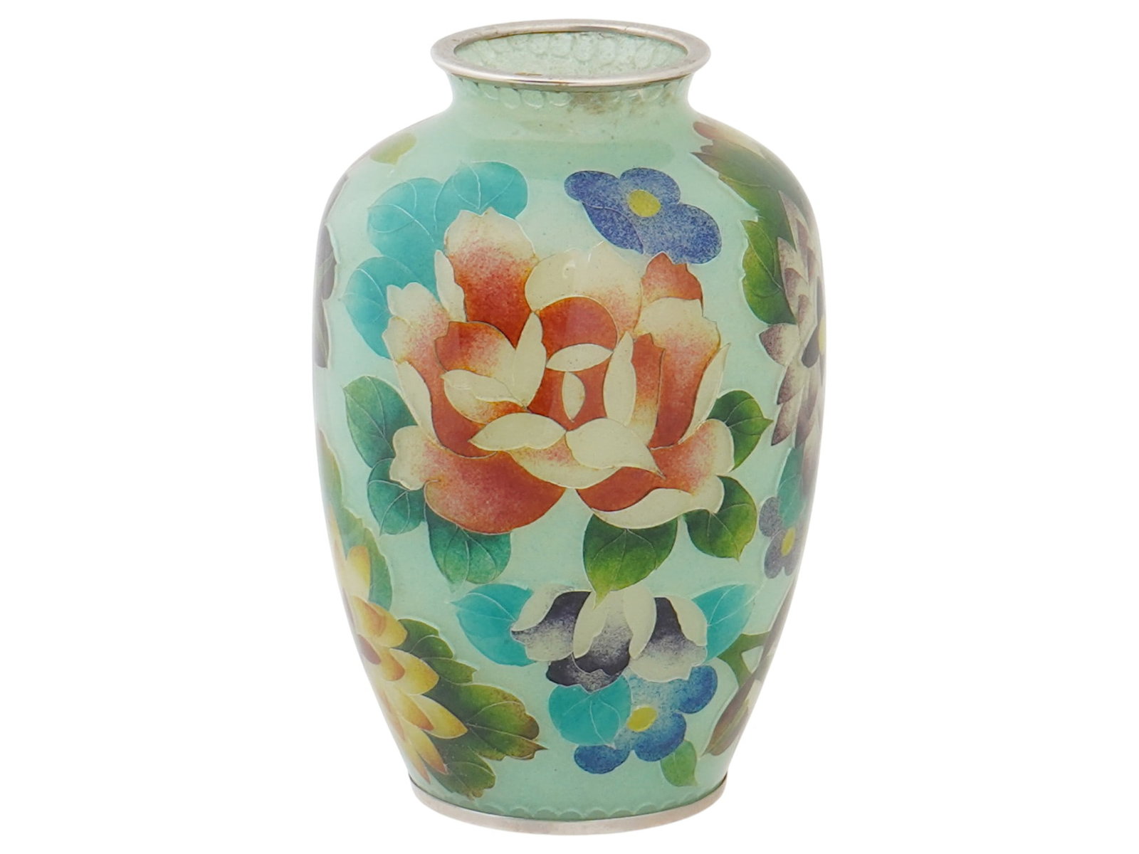 ANTIQUE JAPANESE MEIJI PLIQUE A JOUR ENAMEL VASE: An antique Japanese glass vase executed in the Shotai Shippo technique, a Japanese type of plique-a-jour enamel. Late Meiji era, before 1912. Stylized floating chrysanthemum blossoms design. The neck 