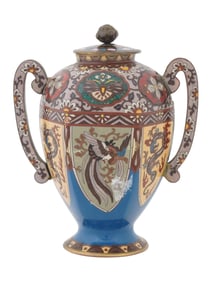 ANTIQUE JAPANESE MEIJI ERA CLOISONNE ENAMEL LIDDED VASE