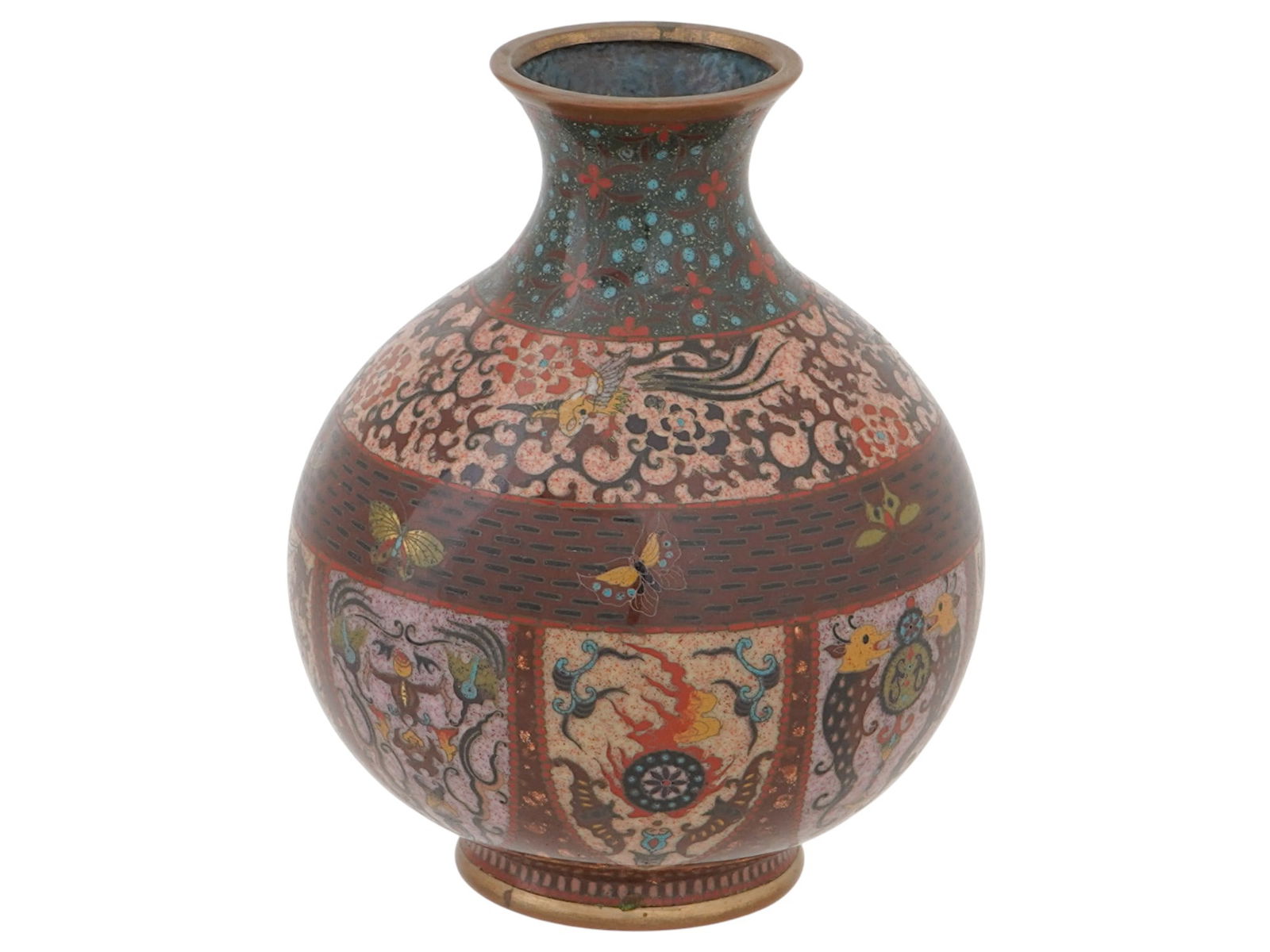 ANTIQUE JAPANESE MEIJI ERA CLOISONNE ENAMELED VASE: An antique Japanese Meiji era cloisonne enameled rounded vase. The vase is adorned with a variety of intricate designs including phoenix birds, butterflies, serpents, flowers, and scrolls. The colors