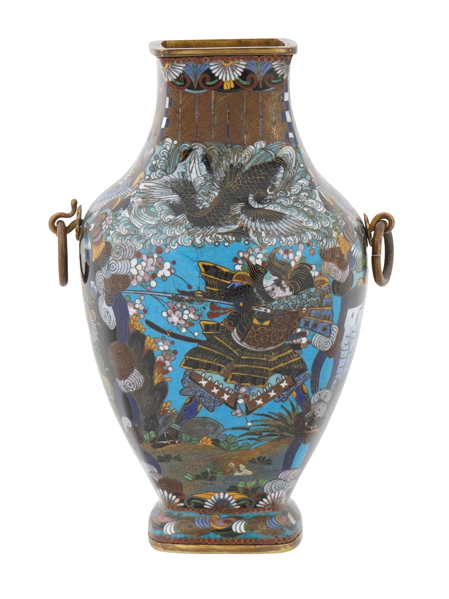 ANTIQUE JAPANESE ENAMEL FIGHTING SAMURAI VASE (1 of 7)