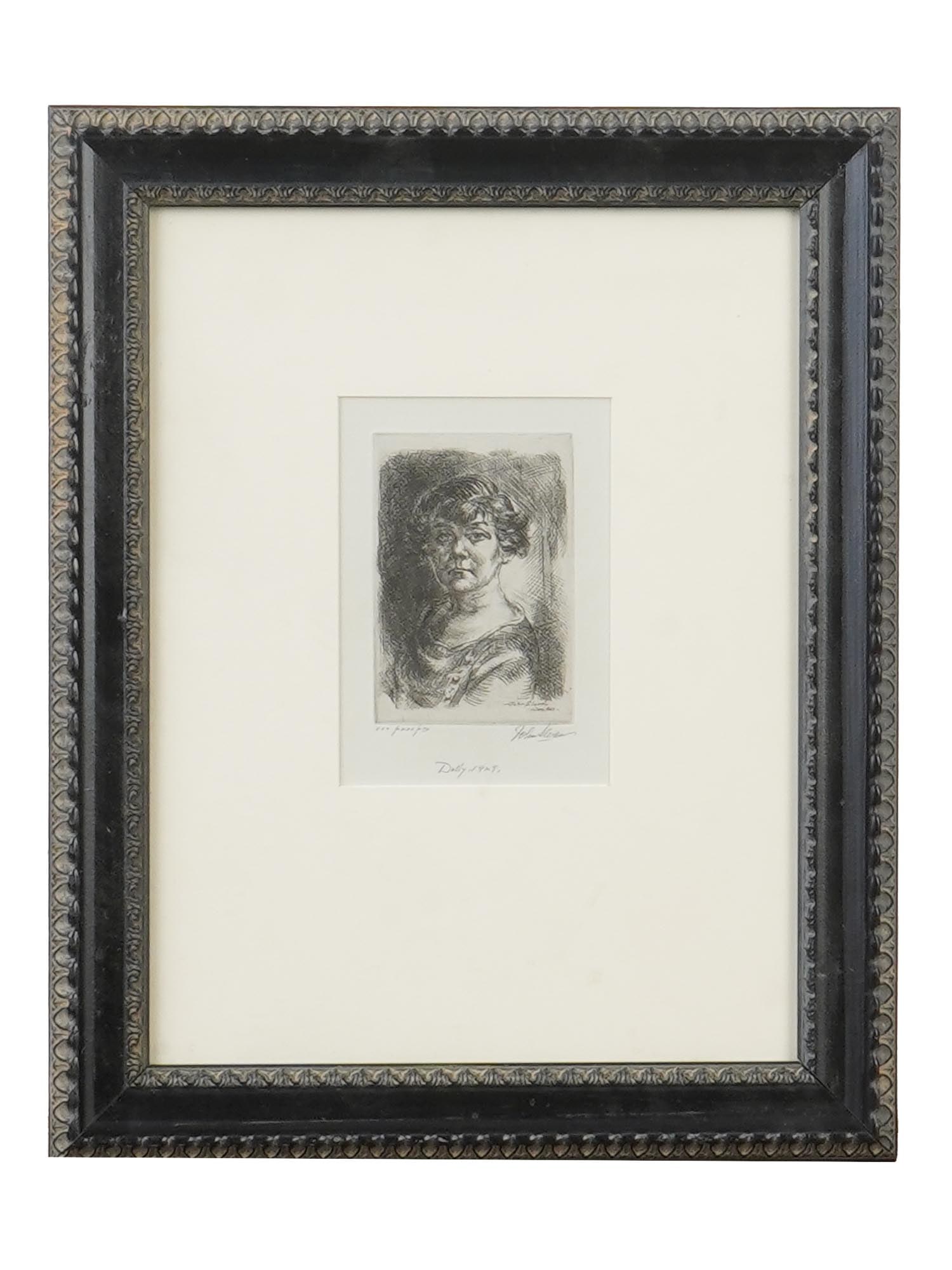 JOHN FRENCH SLOAN AMERICAN FEMALE PORTRAIT ETCHING 1929: John French Sloan, American, 1871 to 1951, an etching depicting a female portrait, signed and dated in the plate 1929, with additional pencil inscriptions below the image. Sloan was one of the founder