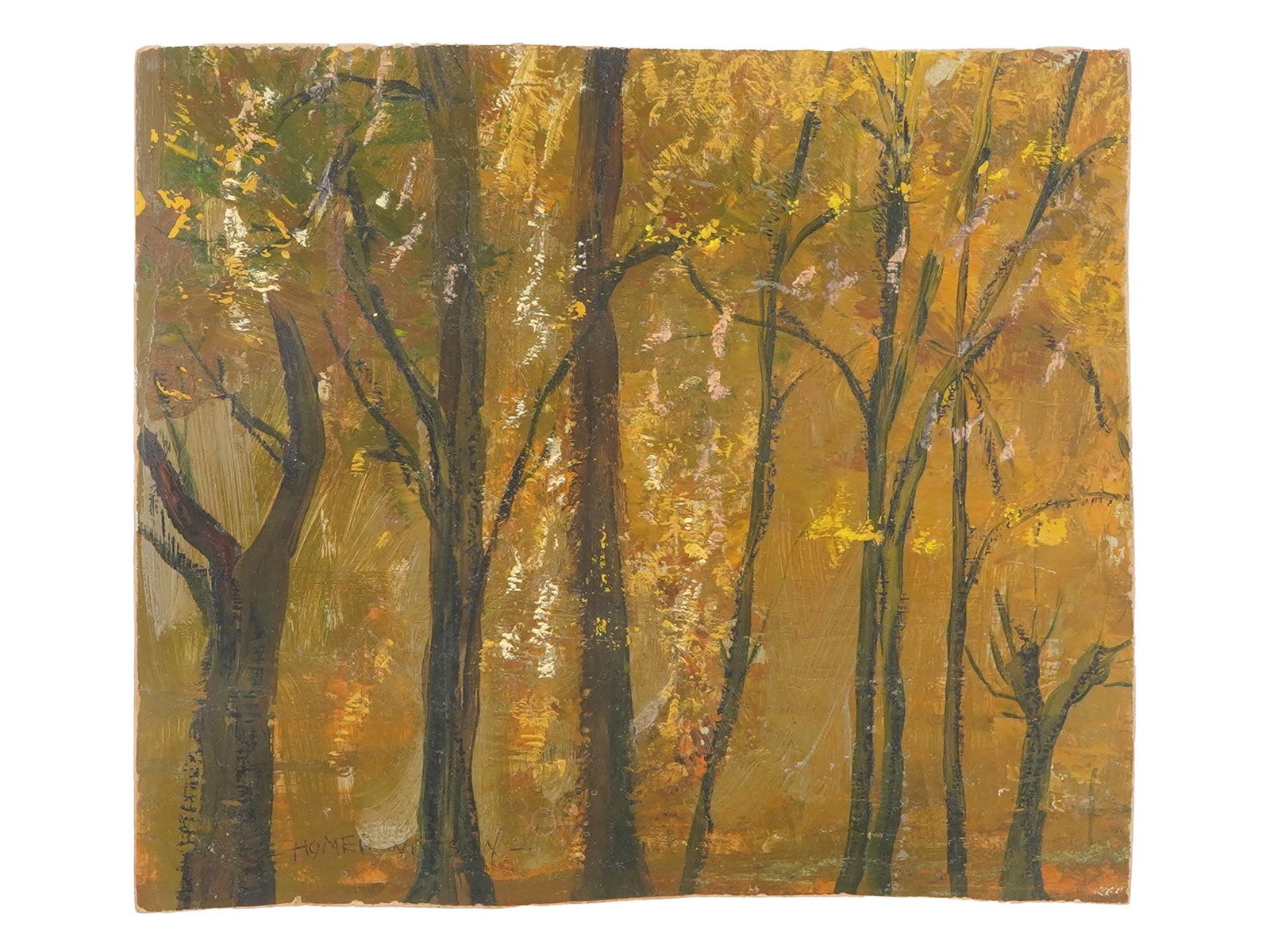 CANADIAN LANDSCAPE OIL PAINTING SIGNED HOMER WATSON: An oil painting on board depicting an autumn forest landscape. Signed, Homer Watson, lower left. Framed. Homer Ransford Watson, Canadian, 1855 to 1936, is known for Landscape, figure, animals, allegor