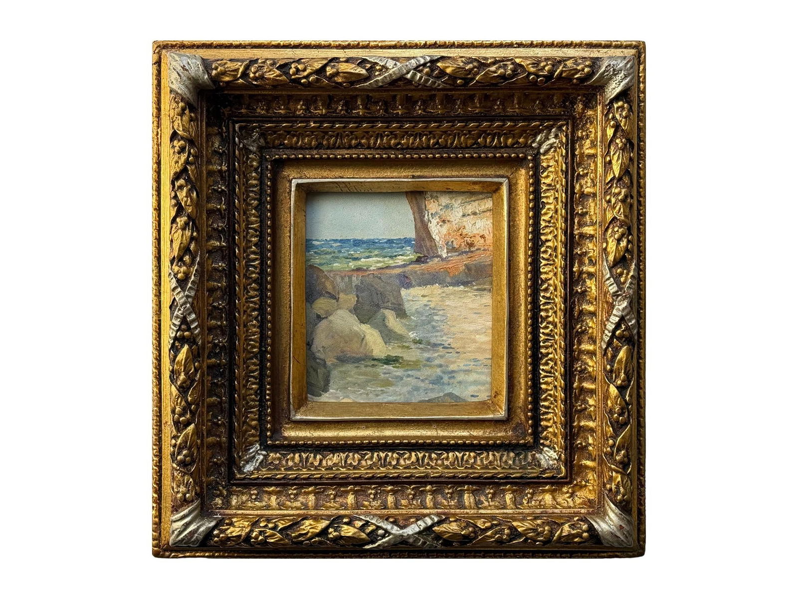 GUSTAVE LOISEAU FRENCH POST IMPRESSIONIST PAINTING: Gustave Loiseau, French, 1865 to 1935, a Post Impressionist oil on board painting depicting a Coastal Landscape. Housed in an old richly ornate gilt wood and gesso frame. Gustave Loiseau was born in P