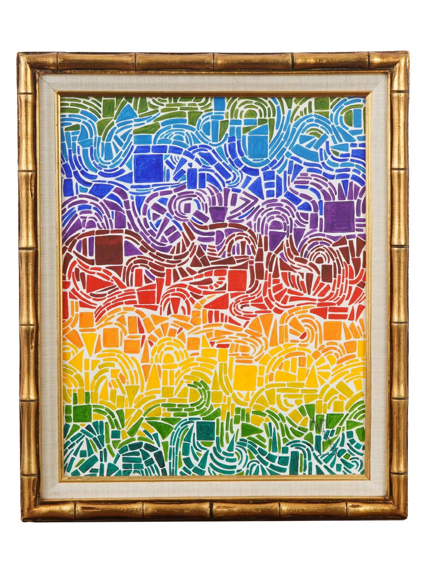 AMERICAN WATERCOLOR PAINTING SIGNED ALMA THOMAS: A watercolor painting on paper depicting an abstract optical composition. Signed, A. W. Thomas, lower right. Framed. Alma Woodsey Thomas, Afro American, 1891 to 1978, is known for Non objective optica