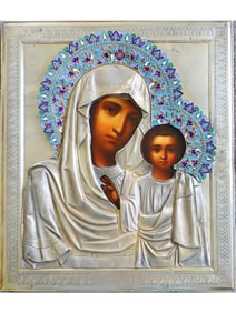 ANTIQUE RUSSIAN SILVER ENAMEL ICON KAZAN MOTHER OF GOD