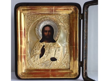 ANTIQUE 19TH C RUSSIAN SILVER ICON CHRIST PANTOCRATOR
