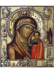 ANTIQUE RUSSIAN ICON KAZAN MOTHER OF GOD IN SILVER RIZA