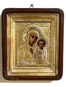 ANTIQUE 19TH C RUSSIAN SILVER ICON KAZAN MOTHER OF GOD