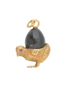 RUSSIAN GILT SILVER JADE CHICK PENDANT W RUBY EYES