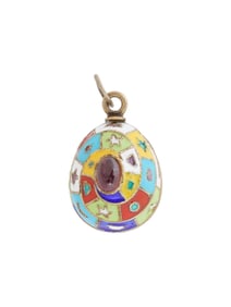 RUSSIAN GILT SILVER CLOISONNE ENAMEL EGG PENDANT W GEMS