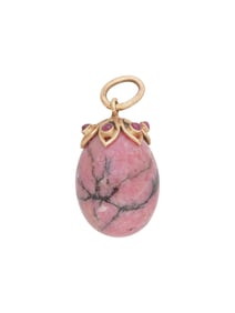 RUSSIAN 14K GOLD RHODONITE AND RUBIES EGG PENDANT