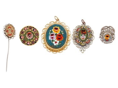 FIVE VINTAGE ITALIAN FLORAL MICROMOSAIC JEWELRY