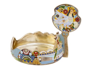 LARGE RUSSIAN SILVER AND CLOISONNE ENAMEL KOVSH
