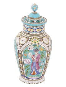 LARGE RUSSIAN SILVER CLOISONNE ENAMEL LIDDED TEA CADDY