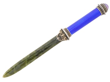 RUSSIAN AMETHYST SILVER ENAMEL JADE LETTER OPENER