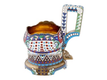 RUSSIAN SILVER ENAMEL KOVSH FORM GLASS HOLDER