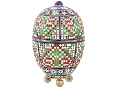 LARGE RUSSIAN SILVER ENAMEL GEMSTONE EGG ON A STAND