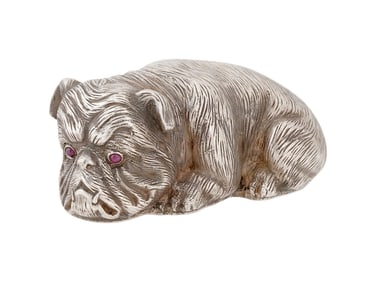 RUSSIAN SILVER FIGURINE OF A BULLDOG W RUBY EYES