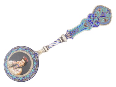 RUSSIAN SILVER ENAMEL TABLE SPOON WITH MINIATURE