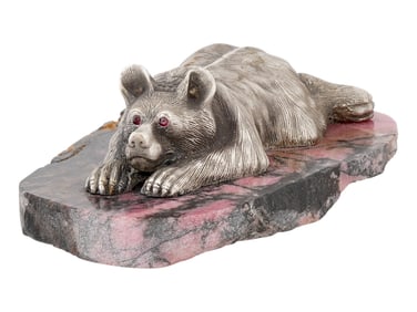RUSSIAN SILVER BEAR FIGURINE RUBY EYES RHODONITE BASE