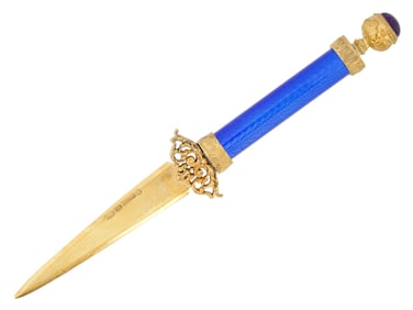 RUSSIAN GILT SILVER ENAMEL LETTER OPENER W AMETHYST