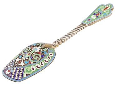 RUSSIAN 88 SILVER CLOISONNE ENAMEL SUGAR SPOON