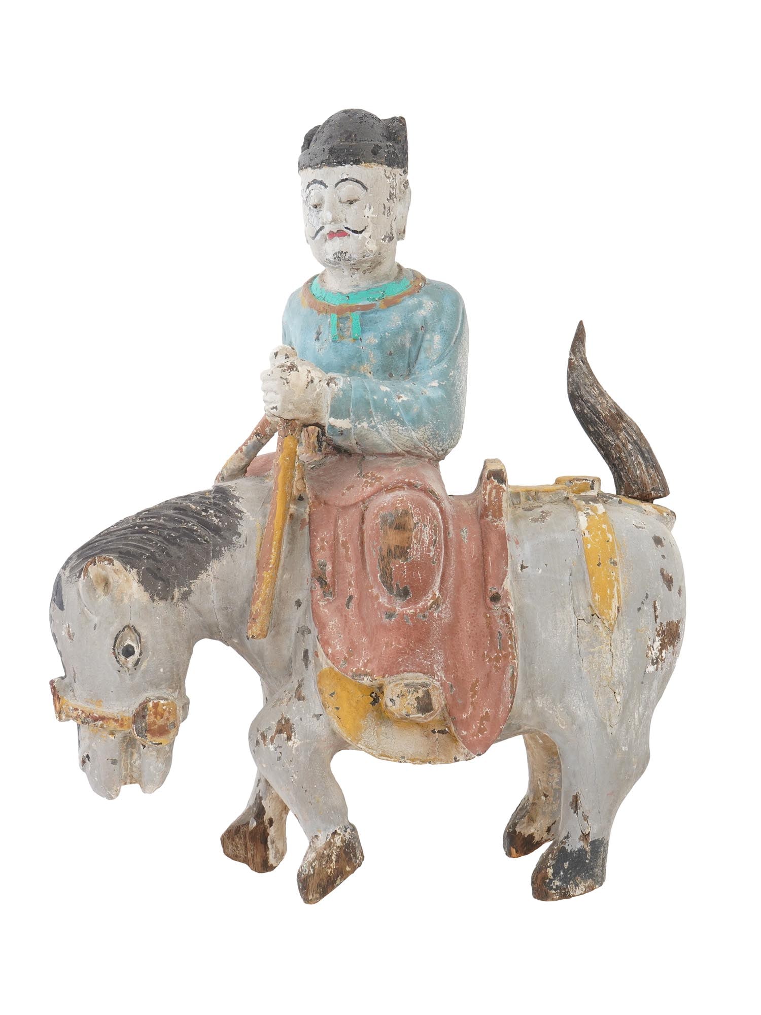 RARE FINE 19 C KOREAN JOSEON DYNASTY WOOD SCULPTURE: A rare fine antique Korean Joseon Dynasty hand carved and hand painted wood sculpture. The sculpture depicts a horse with a rider on the top. The horse is completed with a movable tail. Circa: late 19