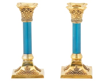 RUSSIAN SILVER GUILLOCHE ENAMEL CANDLESTICKS W DIAMONDS