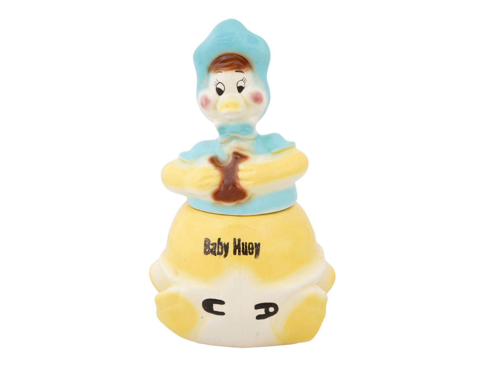 AMERICAN BISQUE BABY HUEY CARTOON CHARACTER COOKIE JAR: A rare American Baby Huey bisque pottery cookie jar. Baby Huey is a gigantic and naïve duckling cartoon character. He was created by Martin Taras for Paramount Pictures Famous Studios, and became a P
