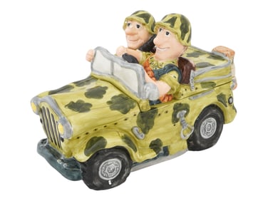 VINTAGE CARTOON MILITARY CAR CERAMIC COOKIE JAR