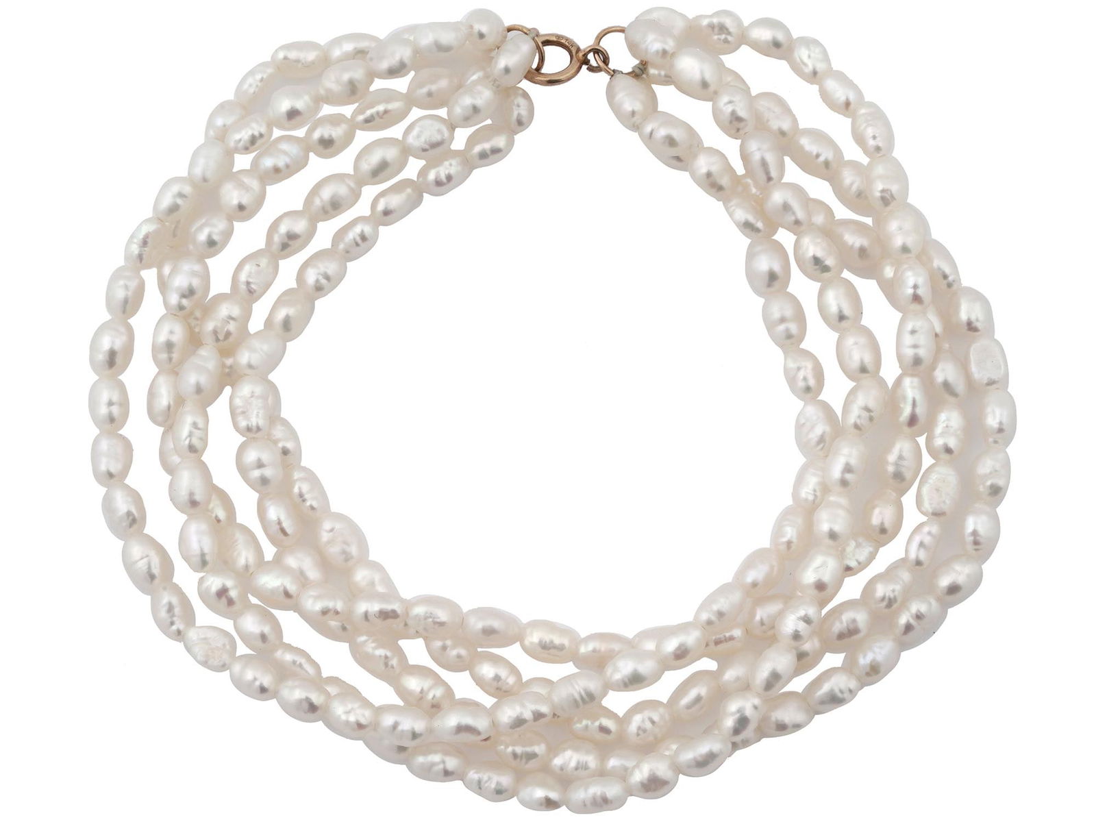 RIVER PEARL JEWELRY BRACELET 14K PINK GOLD CLASP: A vintage River Pearl jewelry bracelet. The bracelet is made in a multilayered beaded design. The ware is adorned with a 14K Pink Gold clasp. Marked with a standard Gold hallmark and other assay mark,