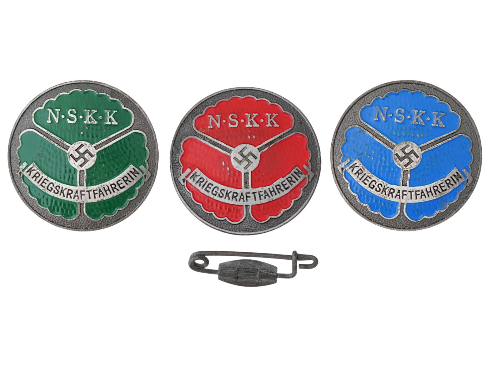 WWII ERA GERMAN NAZI NSKK MOTORIZED KORPS BADGES: A lot of three WWII era German Nazi NSKK Motorized Korps Kriegskraftfahrerin badges. Of red, green and blue colors. Marked with RZM mark and M1 35, on the back side. German Medals, Badges, Military Aw