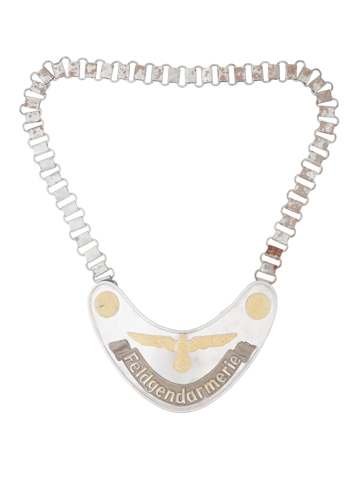 WWII MODEL NAZI GERMAN ARMY FIELD POLICE GORGET W CHAIN: A WWII model Nazi German era Luftwaffe Military Field Police Feldgendarmerie gorget. The gorget is made of die stamped steel construction aluminum coated. The Luftwaffe eagle with a swastika and butto