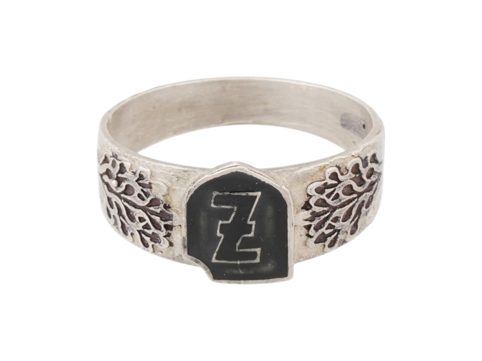 WWII STYLE NAZI GERMAN WOLFSANGEL SIGNET RING: A World War II style Nazi German silver signet ring of the 4th SS Polizei Panzergrenadier Division. Black enameled Wolfsangel symbol on the crown is flanked with oak leaves. Marked RZM, H. Himmler on 
