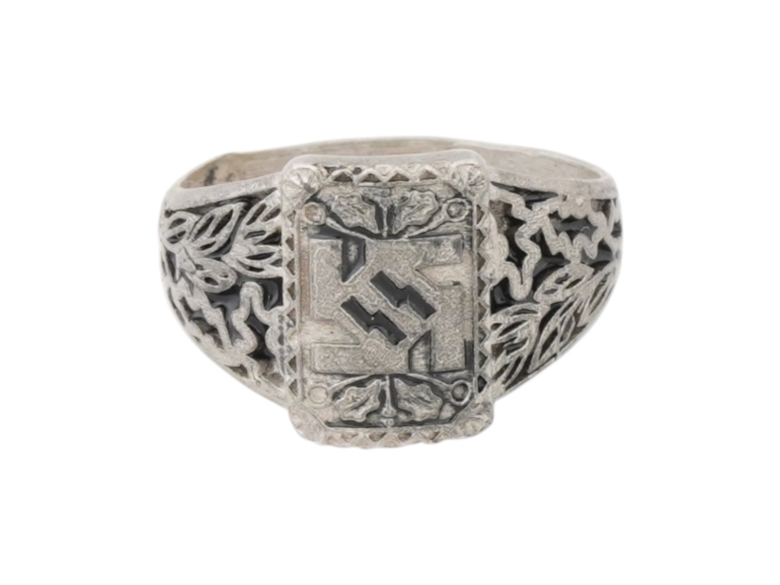 WWII MODEL NAZI GERMAN SS RUNES SIGNET RING: A World War II model German Waffen SS silver signet ring. SS runes combined with a swastika are flanked with oak leaves. Marked 800 on the side. Second World War Third Reich Historical Collectables An
