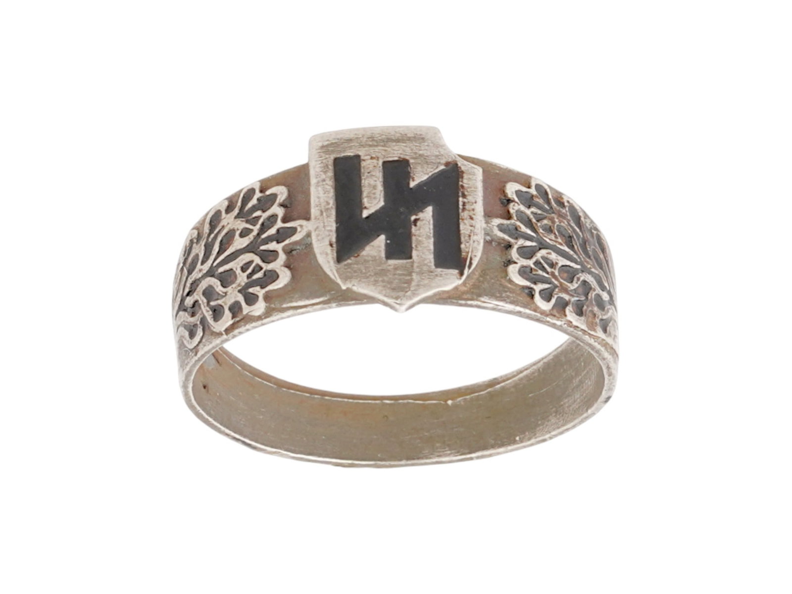 GERMAN WWII MODEL WAFFEN SS DIVISION DAS REICH SILVER RING: A WWII model Nazi German Waffen SS Division Das Reich Silver ring. The ring is adorned with SS runes on a shield in the center, and covered with enamel in a black shade. The ring features an image of 
